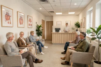 Salle d'attente d'un cabinet dermatologique dans les Yvelines avec des patients et une réceptionniste