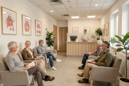Salle d'attente d'un cabinet dermatologique dans les Yvelines avec des patients et une réceptionniste