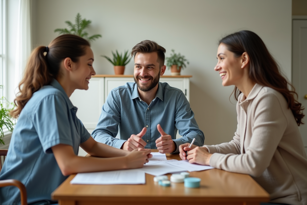 Jeune homme et femme discutant de médicaments avec une coordinatrice