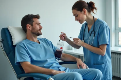 Infirmière réalisant un prélèvement de sang sur un donneur adulte dans un centre de don du sang moderne