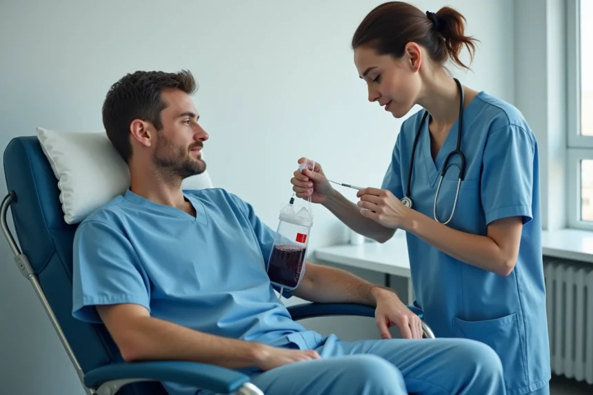 Infirmière réalisant un prélèvement de sang sur un donneur adulte dans un centre de don du sang moderne