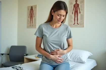 Femme tenant son côté droit du ventre en position assise dans un cabinet médical, illustrant une douleur abdominale droite