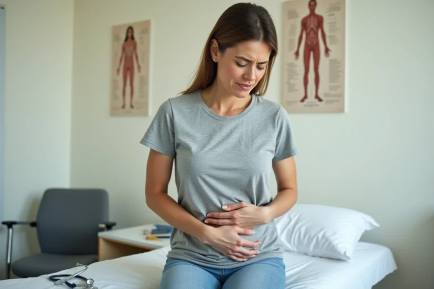 Femme tenant son côté droit du ventre en position assise dans un cabinet médical, illustrant une douleur abdominale droite