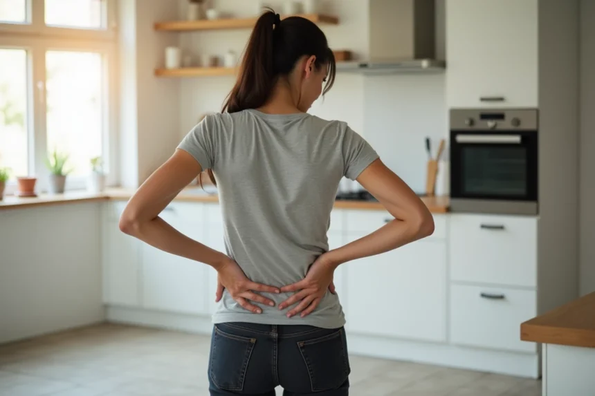 Femme tenant sa main dans le bas du dos côté droit en signe de douleur lombaire dans une cuisine moderne