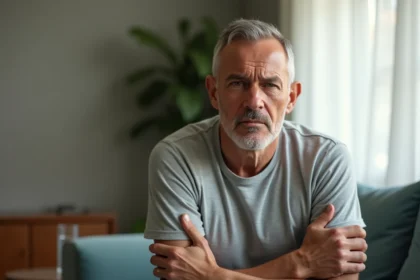 Homme d'une cinquantaine d'années assis sur un canapé, tenant son bras gauche avec une expression de douleur et d'inquiétude