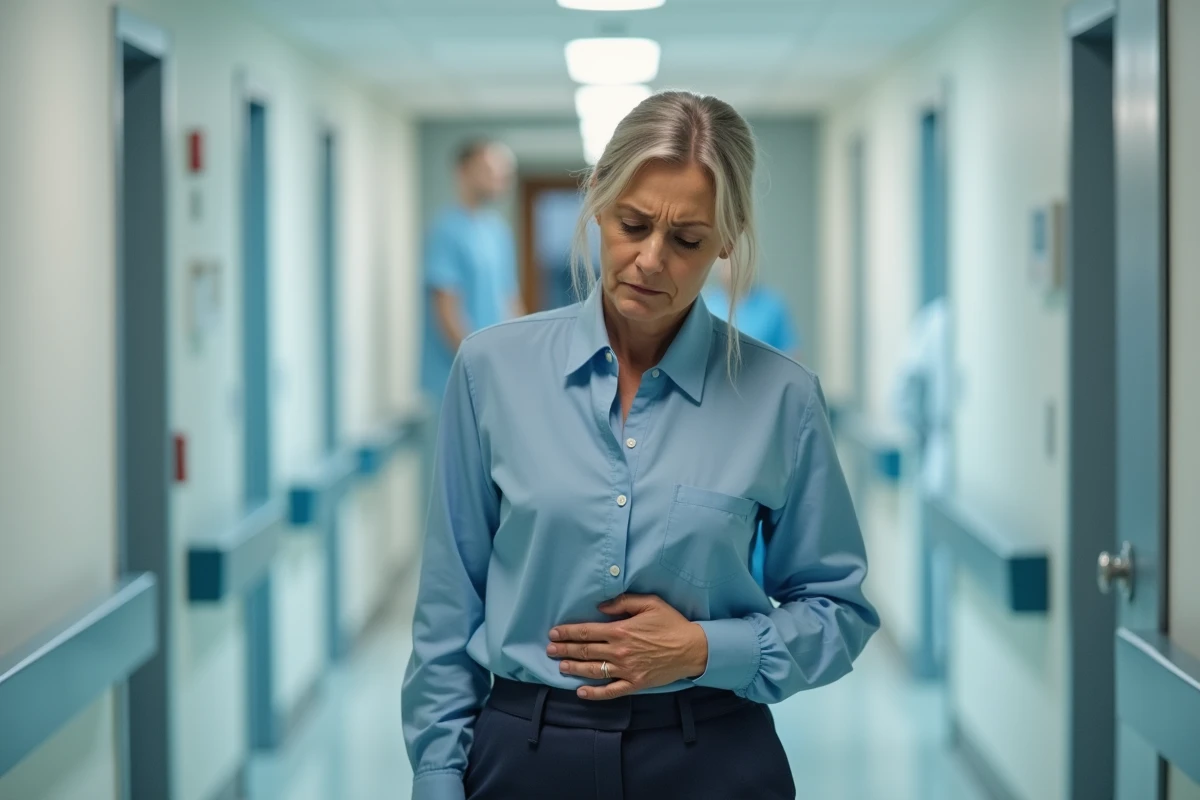 Femme d'âge mûr appuyée contre un mur de couloir hospitalier, main sur les côtes, exprimant une douleur thoracique dans un contexte médical