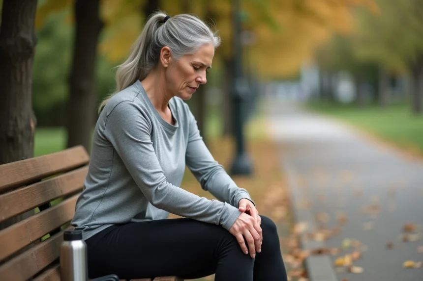 Femme senior de 55 ans se massant la cuisse avec une expression préoccupée, assise sur un banc dans un parc en automne, illustrant les douleurs musculaires liées à la perte de poids rapide après 50 ans