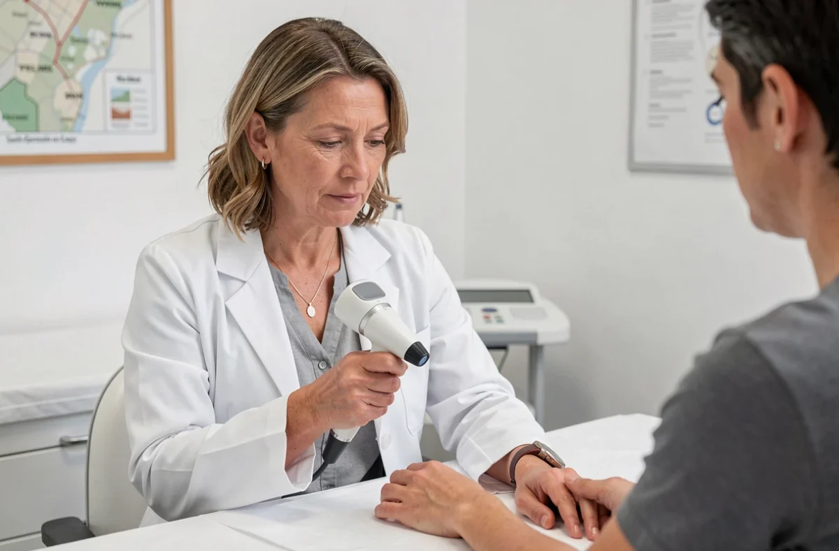 Dermatologue et vénérologue examinant un patient avec un dermatoscope dans son cabinet à Saint-Germain-en-Laye