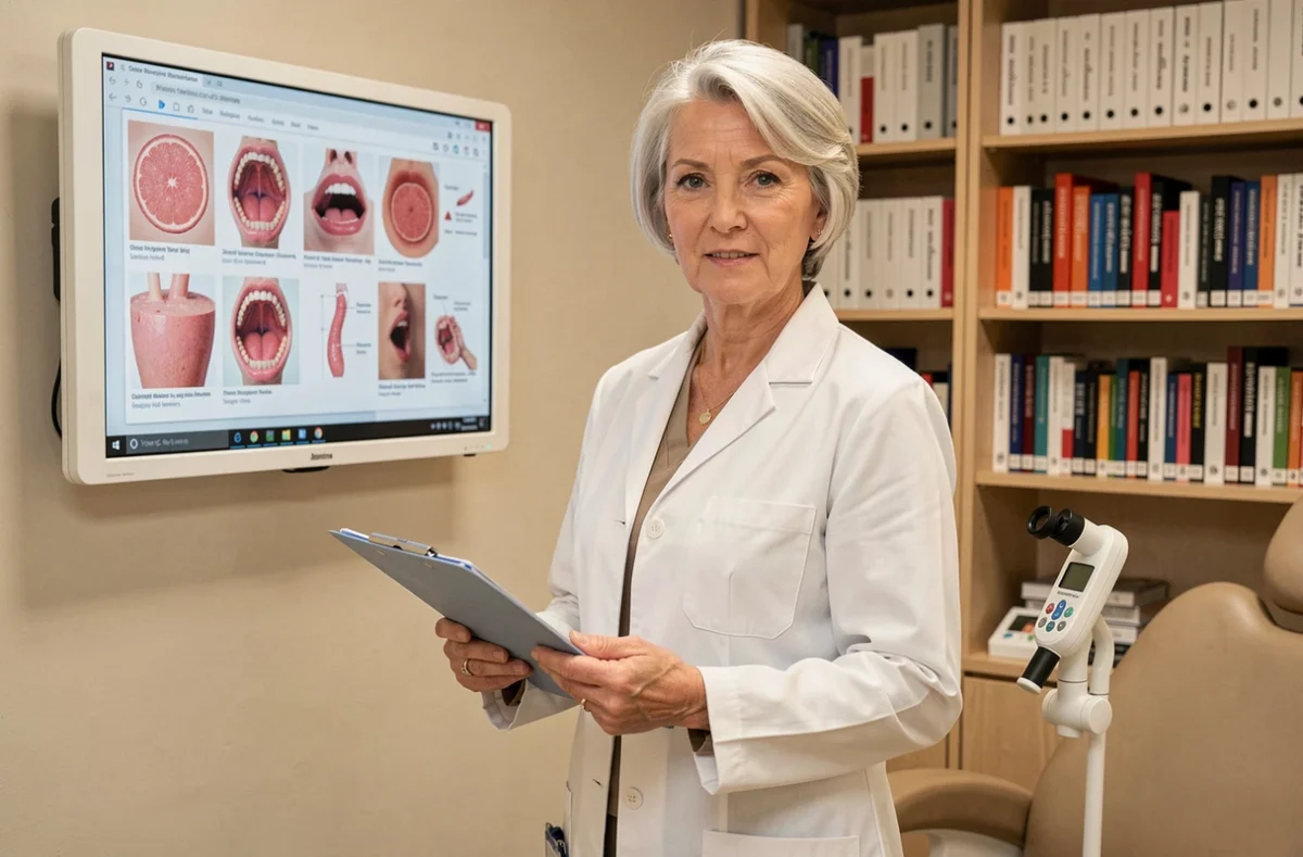 Dermatologue expérimentée dans son cabinet des Yvelines, debout devant un panneau lumineux médical