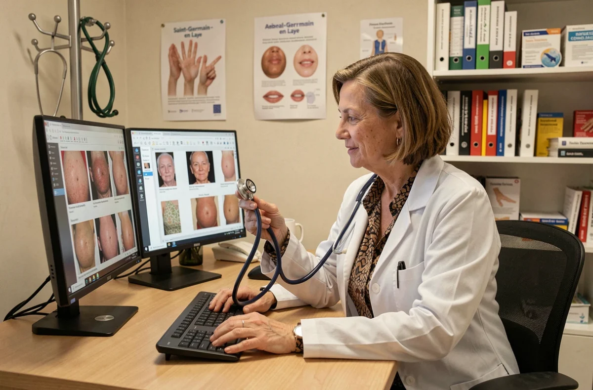 Médecin généraliste et dermatologue à son bureau consulant des images de peau sur un double écran à Saint-Germain-en-Laye