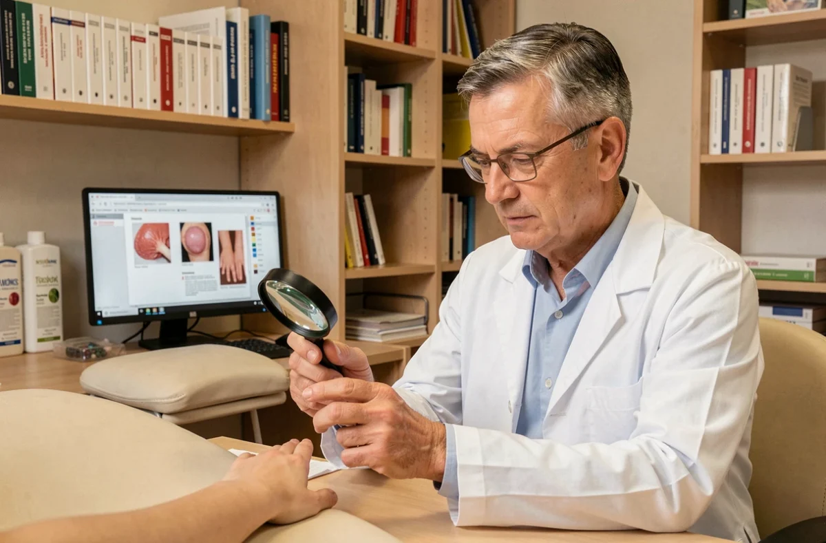 Dermatologue masculin examinant l'ongle d'un patient avec une loupe dans son cabinet à Saint-Germain-en-Laye