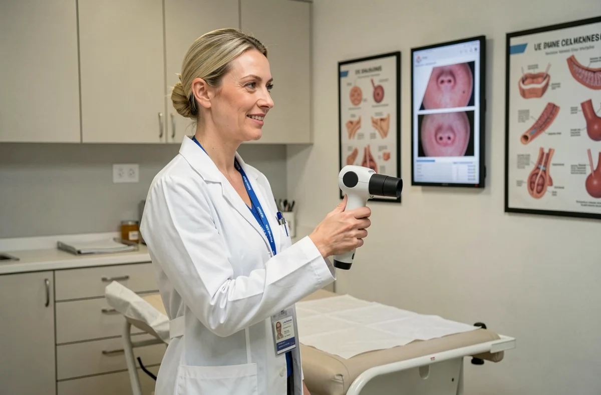 Dermatologue féminine tenant un dermatoscope numérique dans un cabinet médical des Yvelines