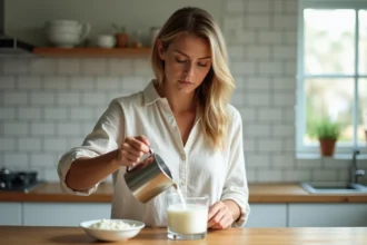 Femme versant de l'eau de riz dans un verre dans une cuisine moderne, geste naturel et quotidien lié à la perte de poids