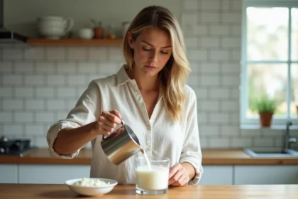 Femme versant de l'eau de riz dans un verre dans une cuisine moderne, geste naturel et quotidien lié à la perte de poids