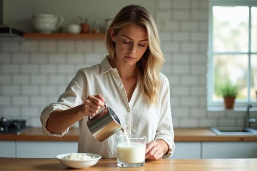Femme versant de l'eau de riz dans un verre dans une cuisine moderne, geste naturel et quotidien lié à la perte de poids