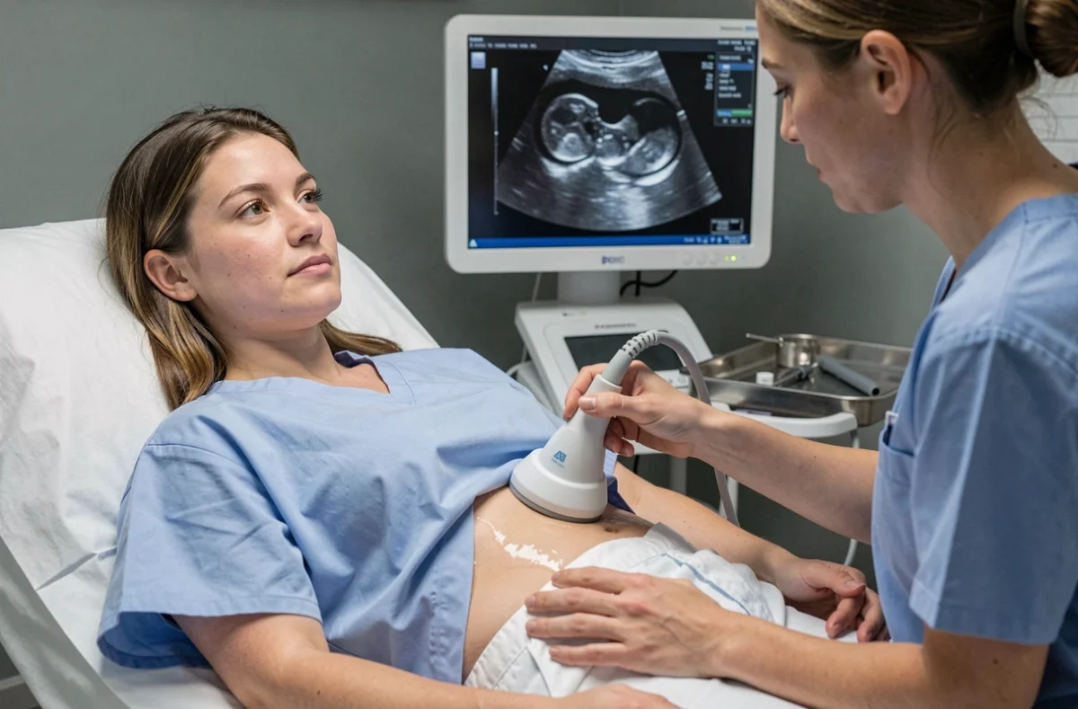 Patiente lors d'une échographie pelvienne pour le diagnostic de kystes ovariens avec image sonographique visible