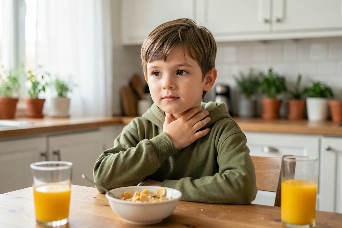 Enfant touchant le ganglion gauche de son cou à la table du petit-déjeuner à la maison