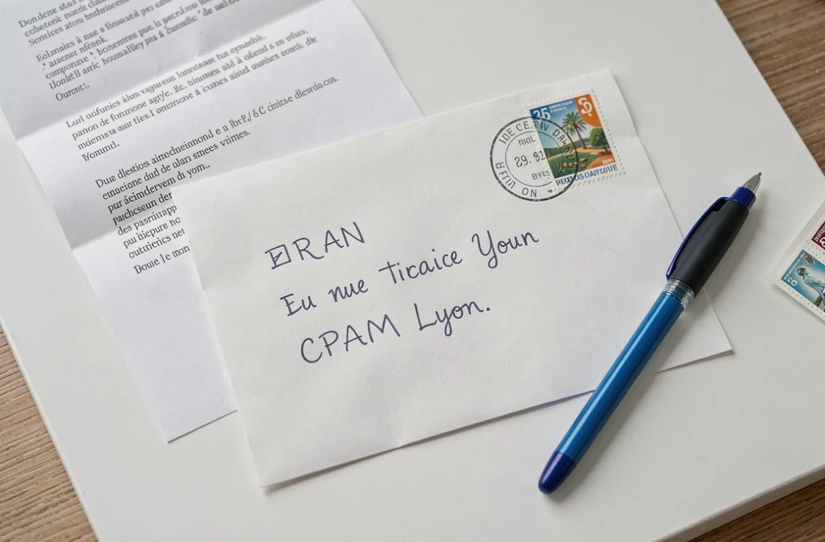Enveloppe manuscrite adressée à la CPAM Lyon avec timbre postal, stylo et lettre administrative en vue de dessus