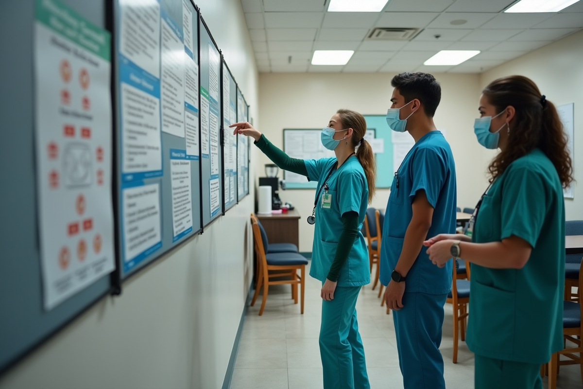 Groupe de professionnels de santé discutant devant un tableau