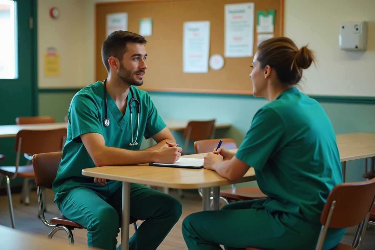 Aide soignant en scrubs vert discutant avec collègue dans salle