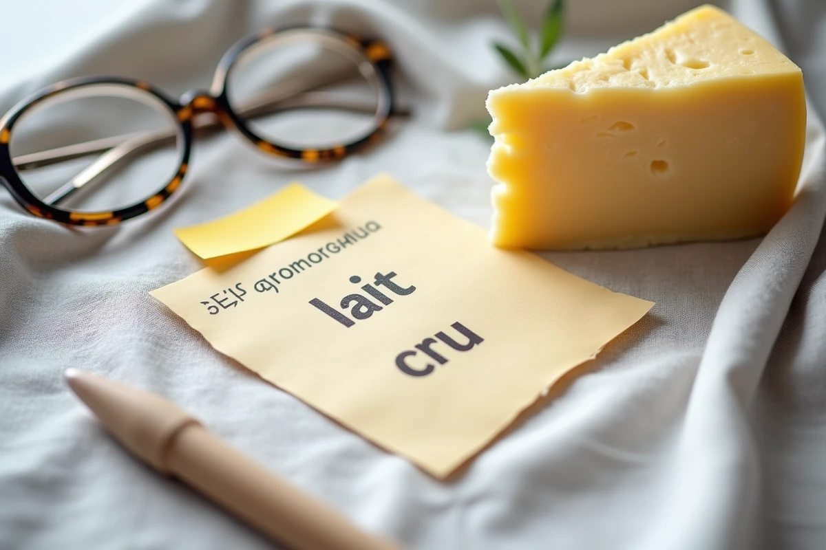Gros plan sur l'étiquette d'un parmesan mentionnant lait cru avec lunettes et notes pour une femme enceinte