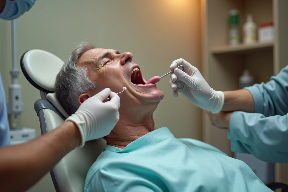 Examen médical de la cavité buccale par un professionnel de santé pour détecter des signes visuels du cancer de la langue