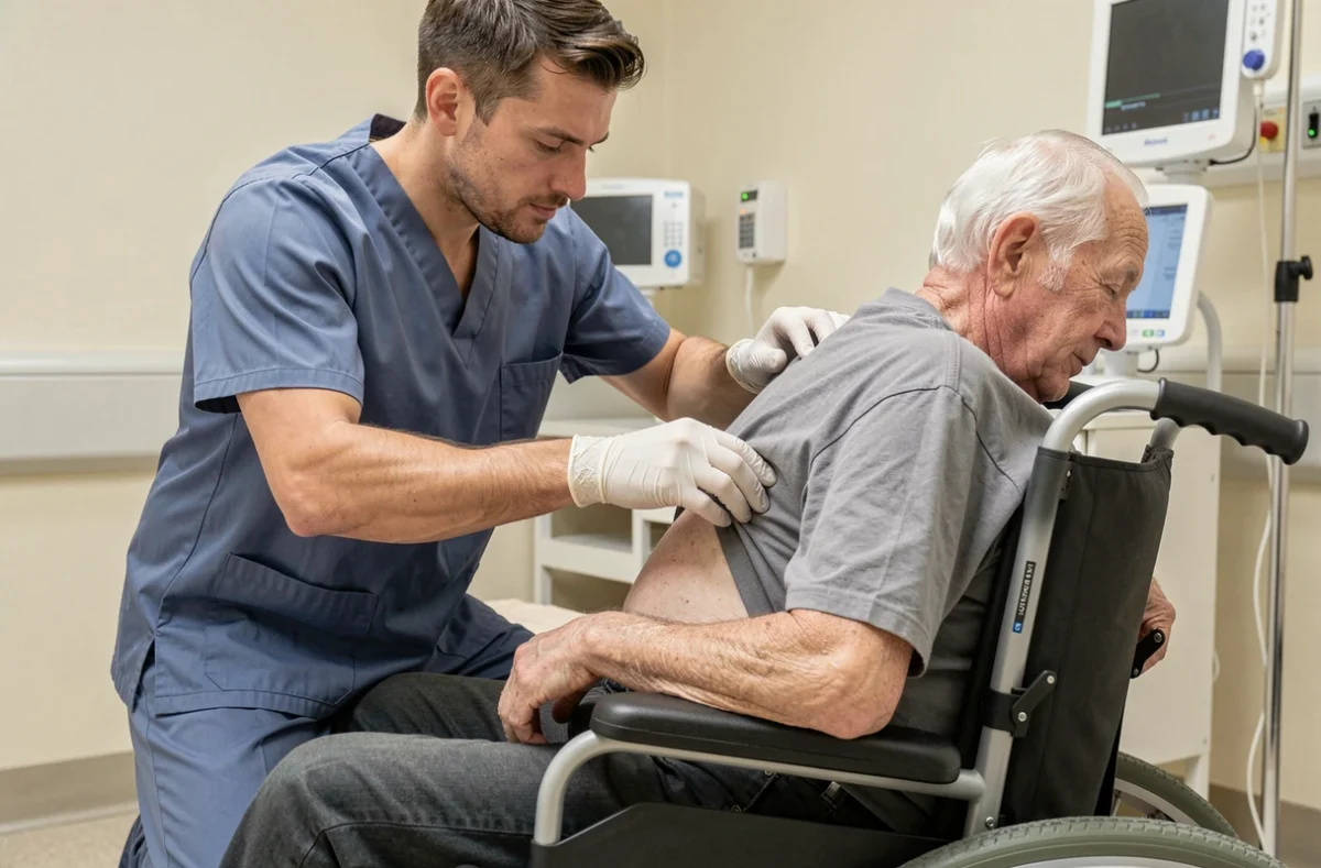 Soignant examinant la peau du dos d'un patient en fauteuil roulant électrique pour prévenir les escarres