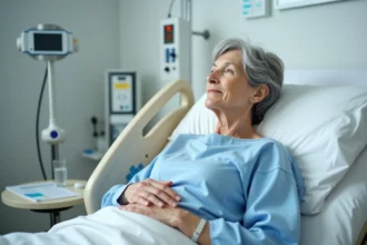 Femme âgée en convalescence dans une chambre d'hôpital après une fracture du bassin