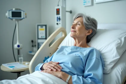 Femme âgée en convalescence dans une chambre d'hôpital après une fracture du bassin