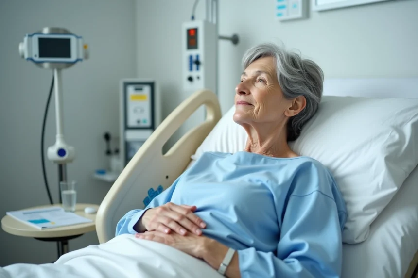 Femme âgée en convalescence dans une chambre d'hôpital après une fracture du bassin