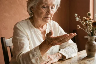 Femme âgée examinant les lignes de sa paume ouverte, assise à une table en bois dans une pièce chaleureuse, évoquant la lecture des lignes de la main et l'âge
