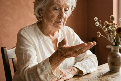Femme âgée examinant les lignes de sa paume ouverte, assise à une table en bois dans une pièce chaleureuse, évoquant la lecture des lignes de la main et l'âge