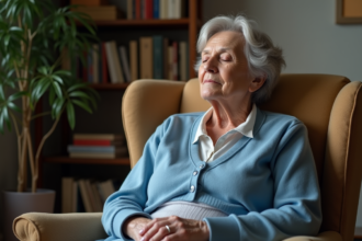 Femme agee paisiblement assise dans un fauteuil cosy