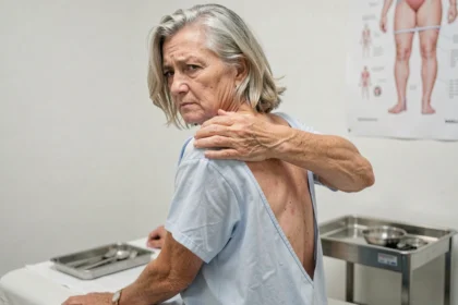 Femme âgée de plus de 65 ans en cabinet médical exprimant une gêne cutanée au niveau du dos, évocatrice des symptômes du zona