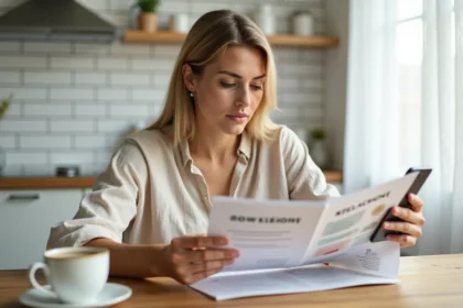 Femme consultant un avis médical et des avis utilisatrices sur sa cure bien-être dans une cuisine moderne