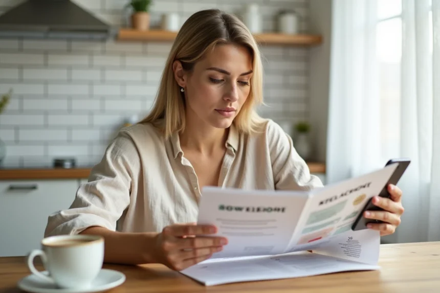 Femme consultant un avis médical et des avis utilisatrices sur sa cure bien-être dans une cuisine moderne