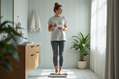 Femme en tenue sportive sur la balance dans une salle de bain moderne