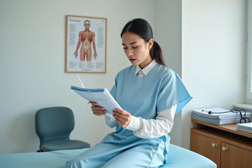 Femme inquiète tenant un certificat médical dans un cabinet de médecin, illustrant une prolongation d'arrêt maladie