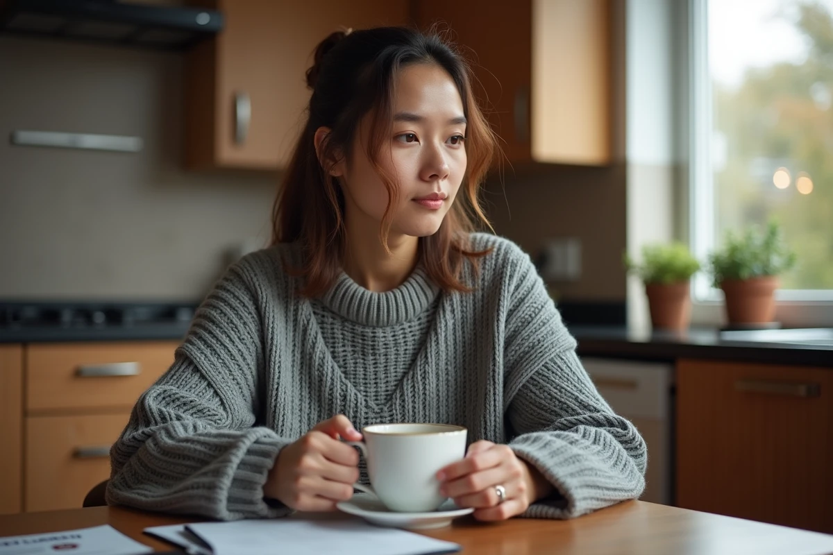 Femme atteinte de cancer à domicile tenant une tasse de thé, brochure sur le port-à-cath posée sur la table
