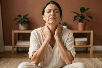 Femme tenant ses mains sur sa gorge, assise en tailleur, illustrant les symptômes d'un chakra gorge bloqué