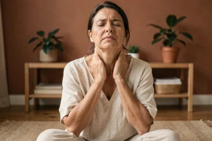 Femme tenant ses mains sur sa gorge, assise en tailleur, illustrant les symptômes d'un chakra gorge bloqué