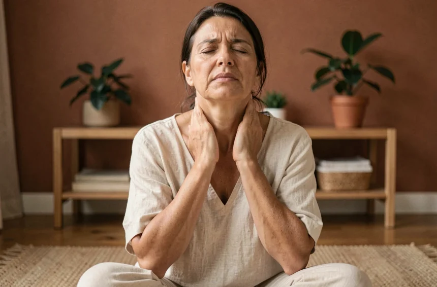 Femme tenant ses mains sur sa gorge, assise en tailleur, illustrant les symptômes d'un chakra gorge bloqué