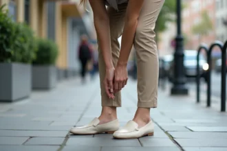 Jeune femme ajustant ses semelles dans ses loafers en ville