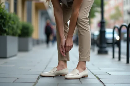 Jeune femme ajustant ses semelles dans ses loafers en ville