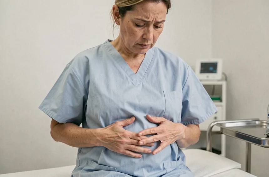 Femme d'âge moyen en consultation médicale palpant son abdomen pour détecter une pulsation anormale liée à l'aorte abdominale