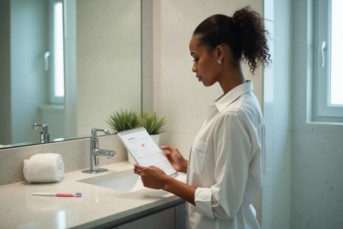 Femme en tenue de travail regardant un calendrier dans une salle de bain moderne