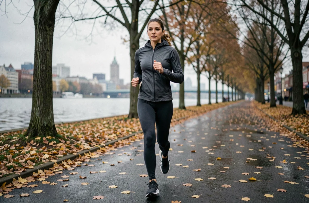 Femme coureuse en entraînement progressif sur un chemin urbain au bord de l'eau en automne, préparation sportive sérieuse
