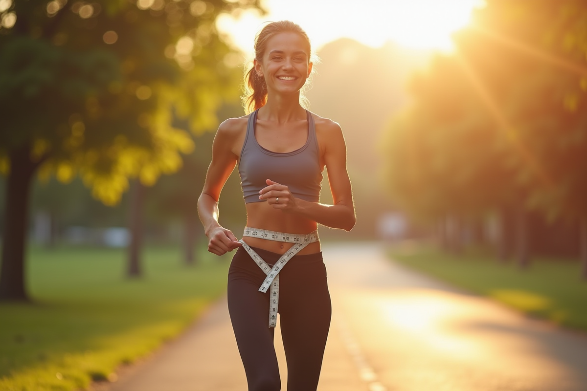 Jeune femme en tenue de sport se préparant à courir dans un parc