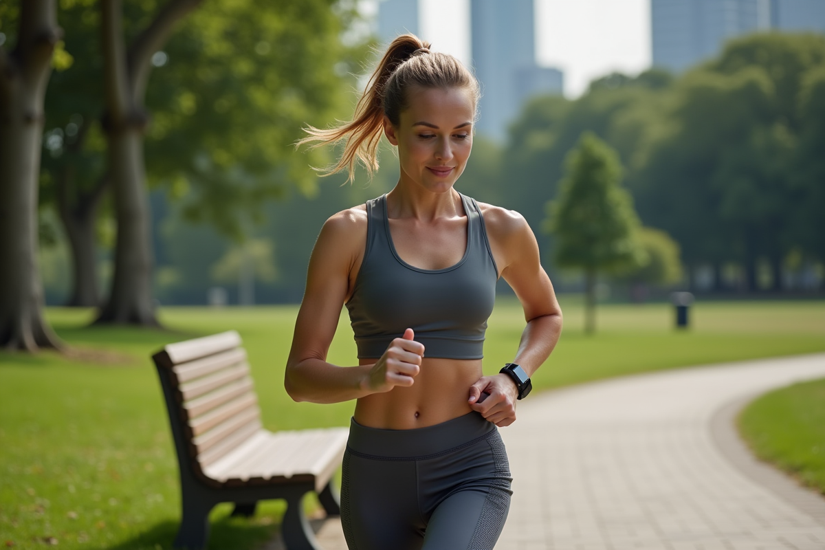 Femme en course dans un parc urbain verdoyant