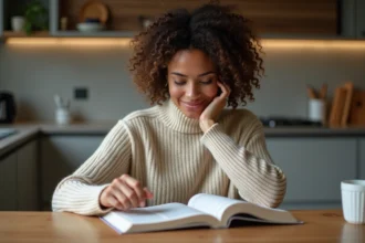 Femme d'âge moyen avec dictionnaire dans la cuisine chaleureuse
